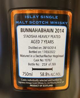 Signatory Bunnahabhain - 2014 Staoisha (Peated) 7 Year Single Malt Scotch Cask Strength 58.8% abv (750ml) (750ml)